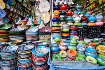Colorful ceramic bowls sold in old town of Marrakech, Morocco