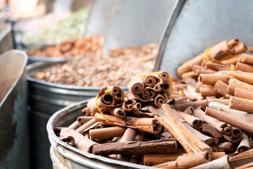 Variety of spices in medina of Marrakech, Morroco, North Africa