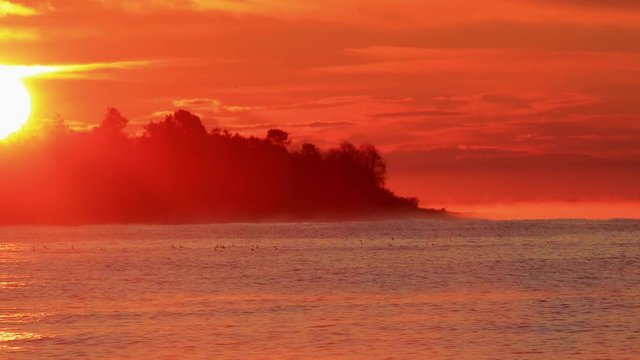 Red light, natural, sunrise at sea, beach view, in trees