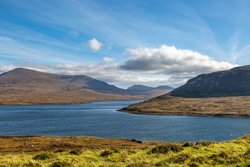 Looking out over Loch Seaforth with mountains behind, on the Hebridean islands of Lewis and Harris