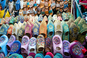 Obraz premium Colorful slippers sold in old town of Marrakech, Morocco