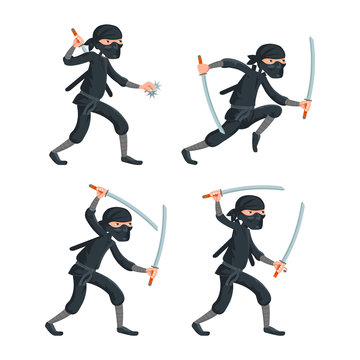 Japanese secret assassin cartoon ninja characters set vector illustration