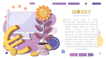 Euro. Money vector background. E-commerce. Money tree, computer, gold coins. The concept of financial growth, economic or market growth. Vector illustration.