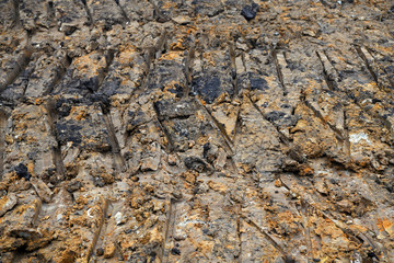  Interesting traces of bulldozers in the mud. Beautiful mud texture and colors. Muddy background.
