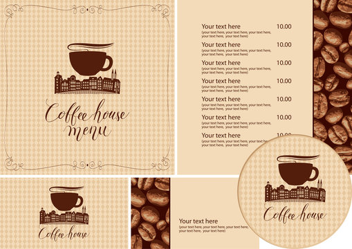 Vector set of design elements for coffee house. Menu, business cards and coasters for drinks with old town on a checkered background with a pattern of coffee beans in retro style