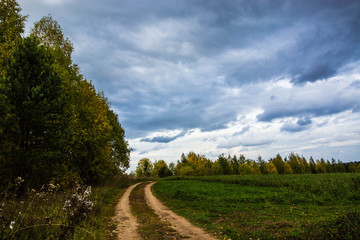Autumn landscape. Russian nature. Dirt road in the field to the forest. Cloudy windy weather.