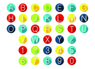 alphabet for children. Kids learning material. Card for learning alphabet. colored alphabet and numbers in circle with shadows