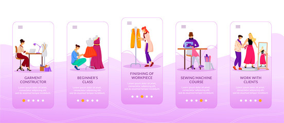 Fashion courses onboarding mobile app screen flat vector template. Beginners, sewing machine class. Walkthrough website steps with characters. UX, UI, GUI smartphone cartoon interface, case prints set