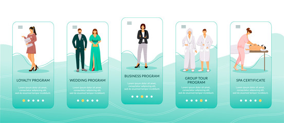 Hotel offers onboarding mobile app screen vector template. Walkthrough website steps with flat characters. Loyalty program, spa certificate. UX, UI, GUI smartphone cartoon interface concept
