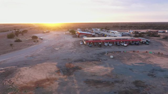 4K Drone footage at dawn of a typical roadhouse on the Nullarbor Plain in Western Australia