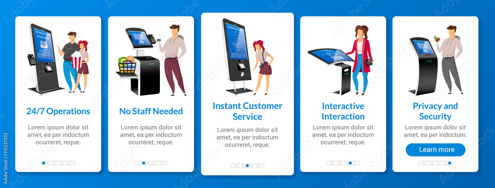 Poster instant customer service onboarding mobile app screen flat vector template. self order kiosk walkthr