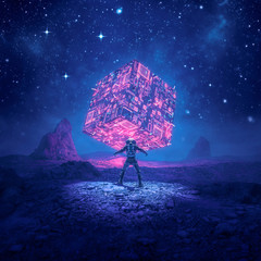 Cosmic monolith of power / 3D illustration of retro science fiction scene showing astronaut encountering glowing alien computer artefact on desert planet © grandeduc