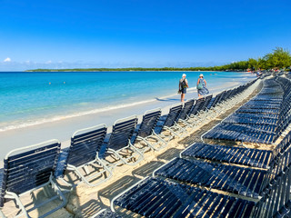 The view of empty beach on Half Moon Cay island at Bahamas.