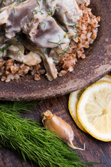 Stewed turkey stomachs with vegetables and buckwheat in a bowl