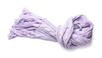 Violet knitted scarf isolated on white, top view