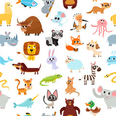 Cute cartoon animals alphabet pattern isolated on white.