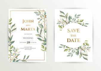 Wedding invite. Set of card with leaves and geometrical frame. Design with forest green leaves, eucalyptus, fern & golden geometric frame. Floral Trendy templates for banner, flyer, poster, greeting. 
