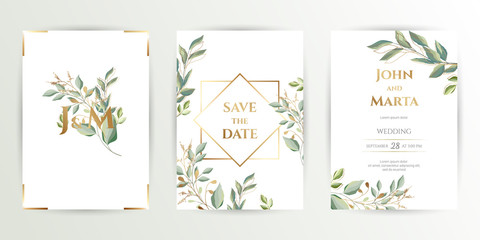 Wedding invite. Set of card with leaves and geometrical frame. Design with forest green leaves, eucalyptus, fern & golden geometric frame. Floral Trendy templates for banner, flyer, poster, greeting. 