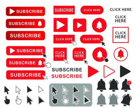 Subscribe icon shape sign set. Red button subscribe to channel, blog. Social media logo symbol. Vector illustration image. Isolated on white background. Cursor, hand pointer and bell mark pack.