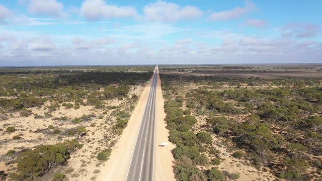 4K drone footage over the start of Australia's longest straight road (90miles) over the Nullarbor Plain in South Australia