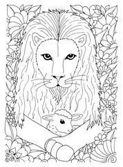 Illustration. Leo surrounded by flowers hugging lamb. Coloring book. Antistress for adults and children. The work was done in manual mode. Black and white.