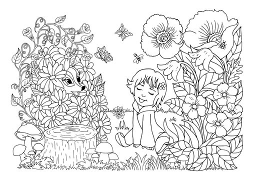 Illustration. A child playing hide and seek in the meadow of flowers with a skunk. Coloring book. Antistress for adults and children. The work was done in manual mode. Black and white.