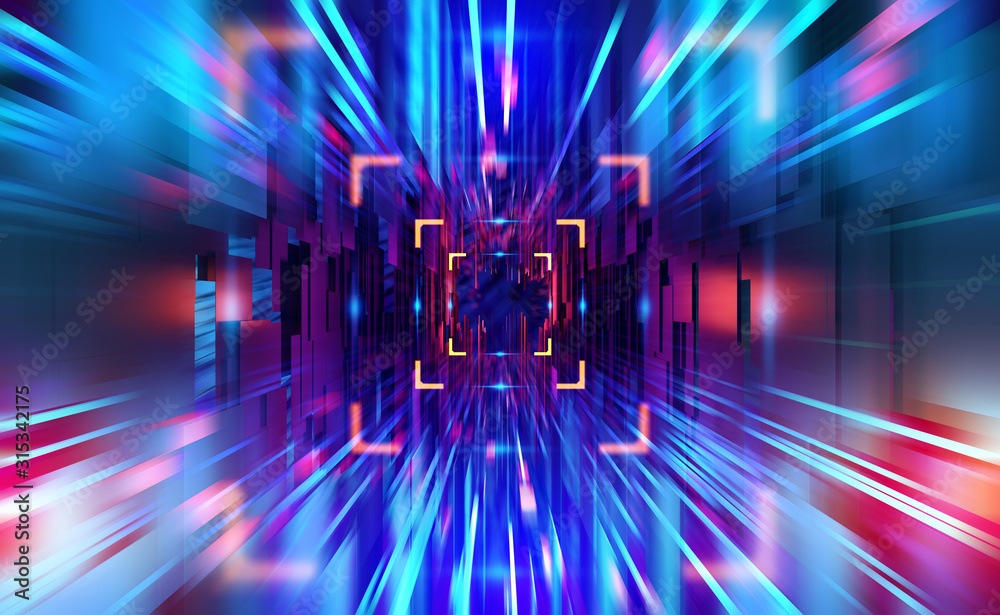 Poster Digital technology. High speed data transfer. Information flow in 3D illustration. Movement in futuristic neon cyberspace