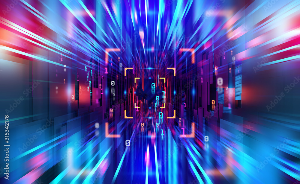 Poster Digital technology. High speed data transfer. Information flow in 3D illustration. Movement in futuristic neon cyberspace