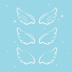 Flying angel wings with gold nimbus. Wings and nimbus. Angel winged glory halo cute cartoon drawings illustration vector set