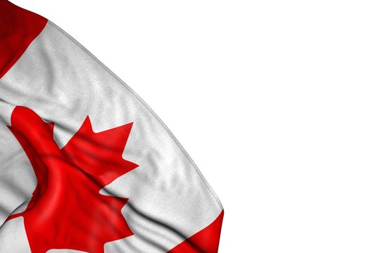 pretty Canada flag with large folds lying flat in bottom left corner isolated on white - any feast flag 3d illustration..