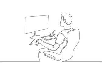 Continuous single drawn one line designer looks working monitor