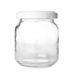 Closed empty glass jar isolated on white