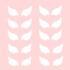 Flying angel wings with gold nimbus. Wings and nimbus. Angel winged glory halo cute cartoon drawings illustration vector set