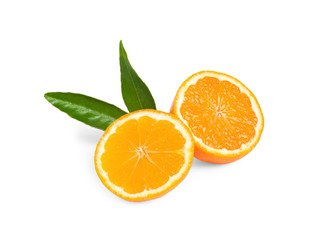 Halves of fresh ripe tangerine with leaves isolated on white. Citrus fruit