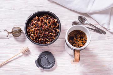 Thermos Travel Mug, White Tumbler Cup,  Flask for Tea or Coffee in woman hands