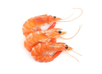 Delicious cooked shrimps isolated on white, top view