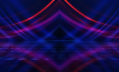 Empty dark abstract background. Background of empty show scene. Glow of neon lights on an empty concert venue. Reflection of light on the pavement.