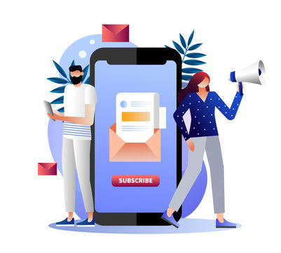 Email subscribe illustration concept, email marketing system, people use smartphone and subscribe and received newsletter