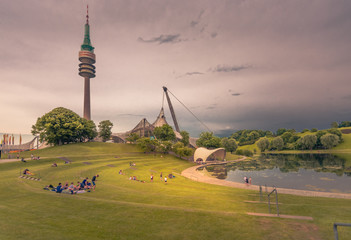Obraz premium MUNICH, BAVARIA - GERMANY - MAY 30 2017: Olympic Park. Olympic Stadium Munich. View to Olympic Stadium from top point. Everning late. Sunset.