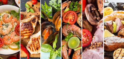 Fototapeta na wymiar Meat and seafoos sets collage. Collection of prawns, shrimps, pork meatm mussels, musrooms, bbq meat. Assortment sections of traditions food