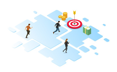 business run competition to reach financial target goals with isometric design style