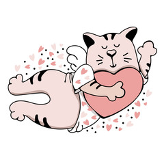 Cute flying cat with wings holding pink heart. Vector character. Valentine's Day hand drawn card. With hearts elements. Romance and dating holiday greeting card, t-shirt, poster design. Cartoon style