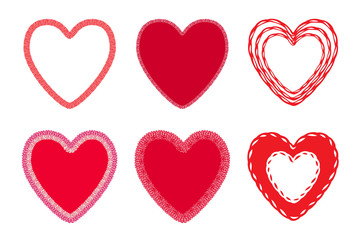 Red hearts set isolated on white background. Imitation of embroidery. Vector illustration. Fashion decoration template. Love symbol for card, invitation, posters, texture backgrounds, placards