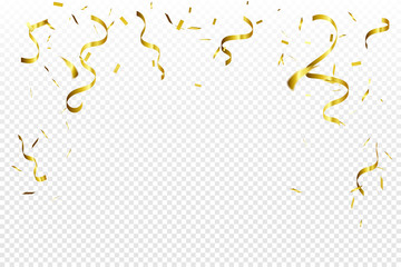 Golden Tiny Confetti And Streamer Ribbon Falling On Transparent Background. Vector