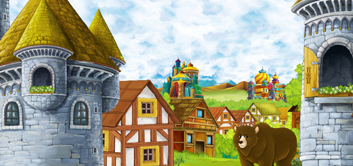 cartoon scene with kingdom castle and mountains valley near the forest and farm village settlement with bear walking by illustration for children