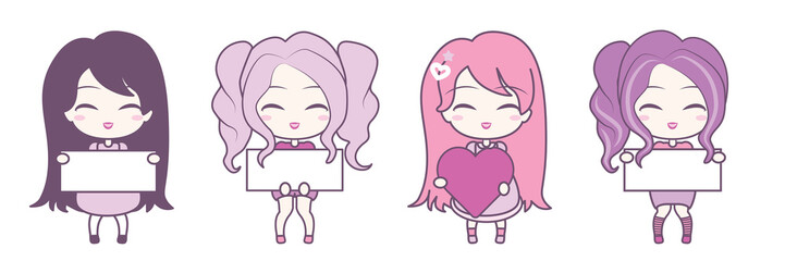 Set collections of cute girls holding hearts and frames.