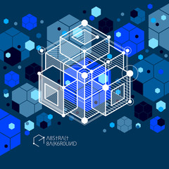 Engineering technological dark blue vector 3D wallpaper made with cubes and lines. Illustration of engineering system, abstract technological backdrop. Abstract technical background.
