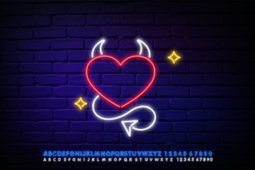 Neon Heart with horns and tail like devil. Love symbol icon made of neon lamps with illumination. Vector illustration.