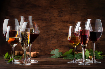 Wine tasting concept, still and sparkling wines. Red, white wine, rose and champagne in wine...