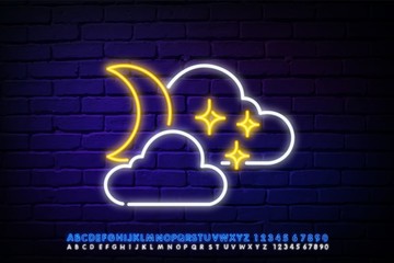 Neon Moon icon with the cloud on a background of dark bricks. Editable stroke and blend. Vector illustration with the alphabet.